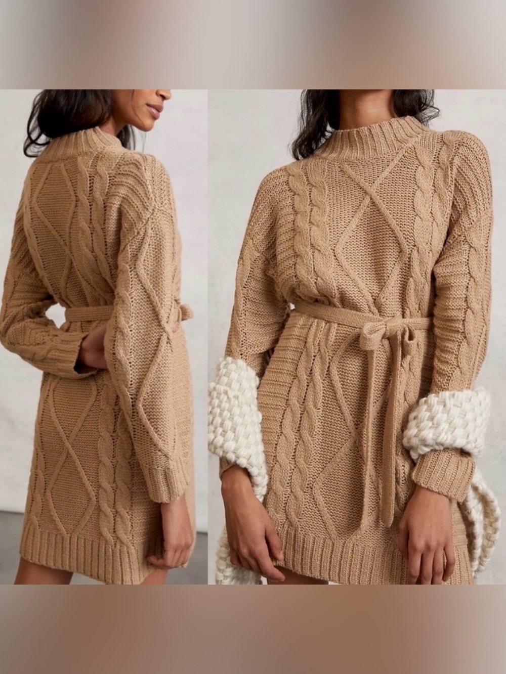 ANTHROPOLOGIE AMADI Leah Cable Knit Camel Sweater Dress Womens MEDIUM NEW NWT